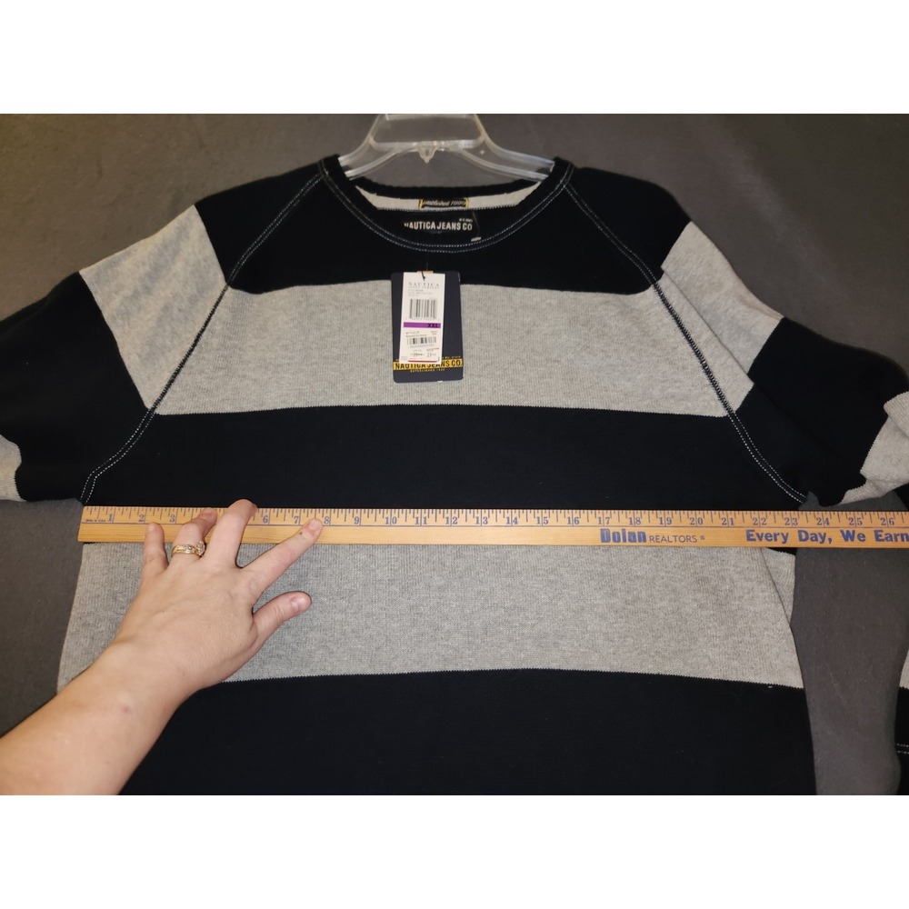 Nautica Jeans Sweater Mens XXL Blue Gray Striped Knit Pullover Cotton Patch Logo - Picture 4 of 9